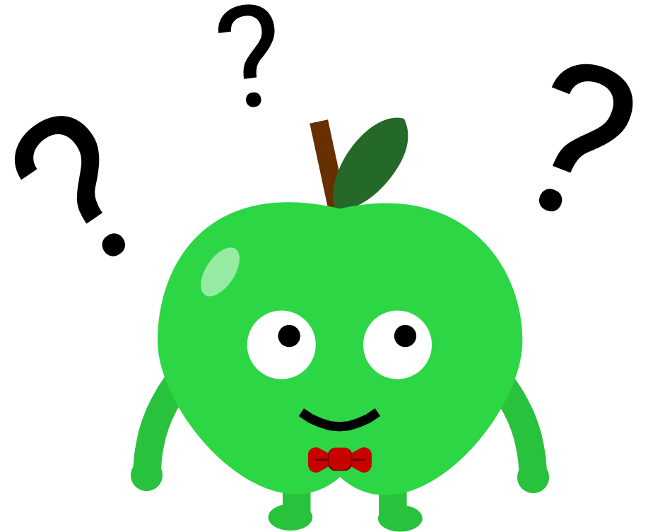 Apple character smiling and pondering.
