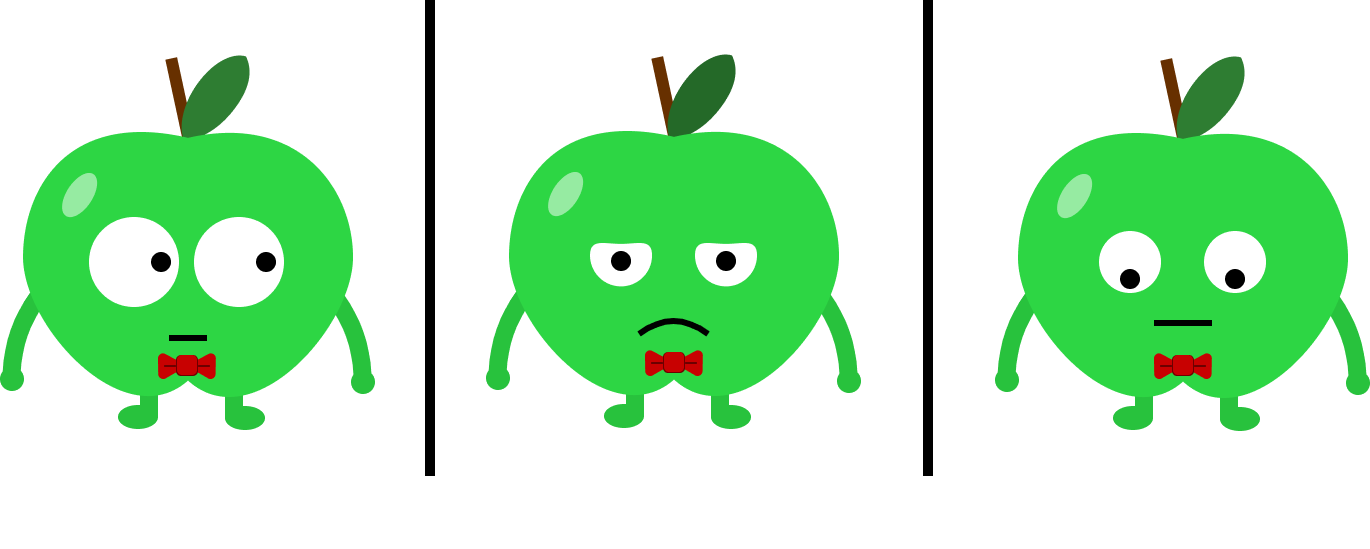 Apple character smiling and pondering.