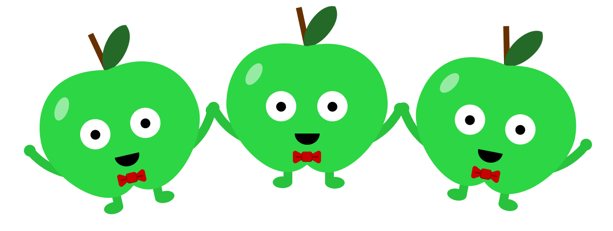 Apple character smiling and pondering.